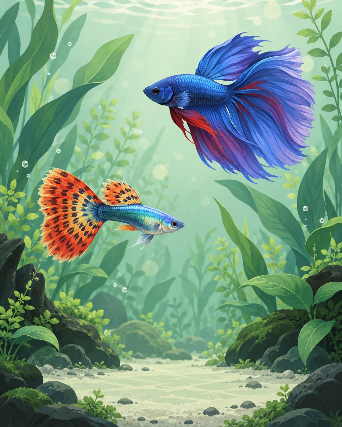 Un guppy de cola multicolor y un betta azul entre plantas acuáticas